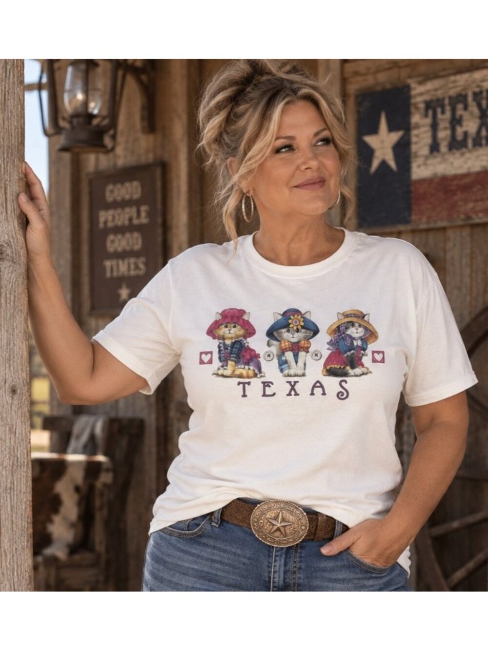 Vintage Texas T-Shirt 3 Cats Western Country Cottage core Design Large T Shirt